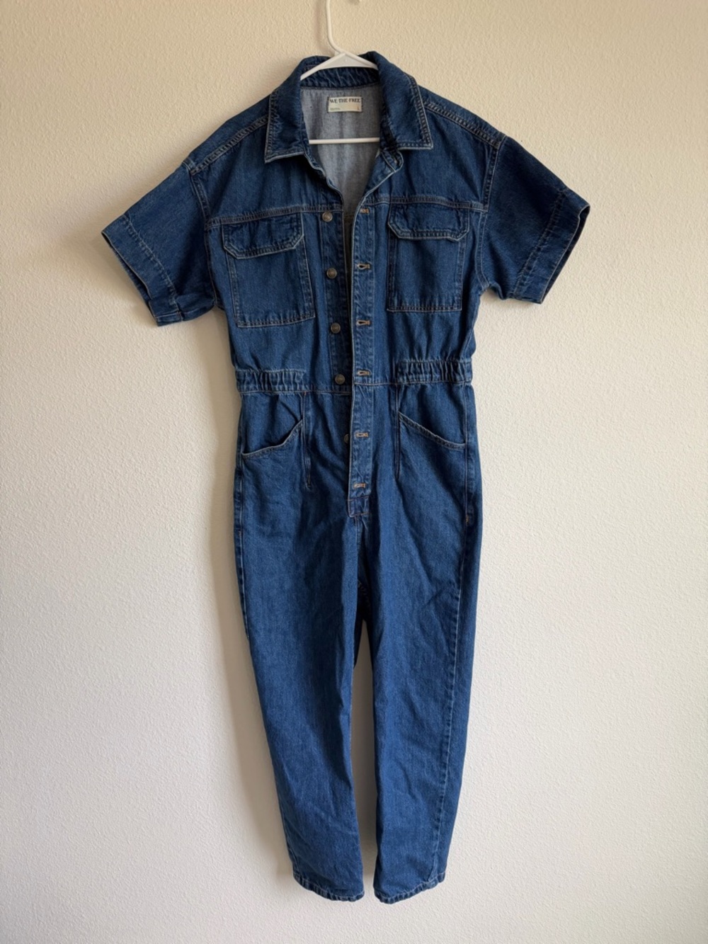 We The Free Dark Blue Denim Short-Sleeve Jumpsuit, Size Large